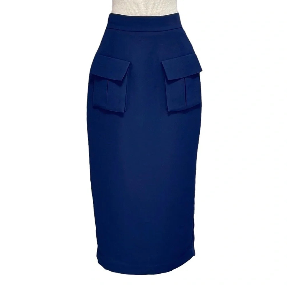 TY-LR Skirt Australia Straight Pencil Navy Blue Pockets Size Small